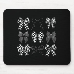 Coquette Bow Checkered Flag Race Car Racing Women Mouse Pad