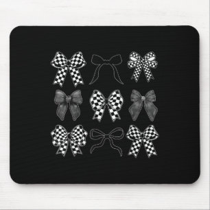 Coquette Bow Chequered Flag Race Car Racing Women  Mouse Pad