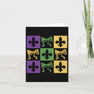 Coquette Bow Chequered Fleur De Lis Mardi Gras Car Card