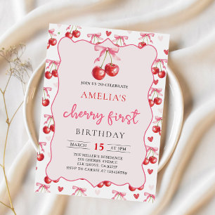 Coquette Bow Cherry First 1st Birthday Invitation