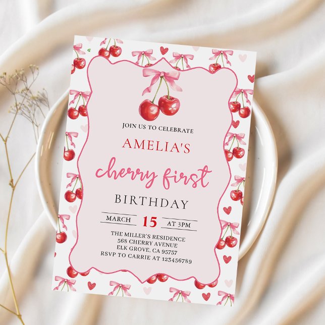 Coquette Bow Cherry First 1st Birthday Invitation (Creator Uploaded)