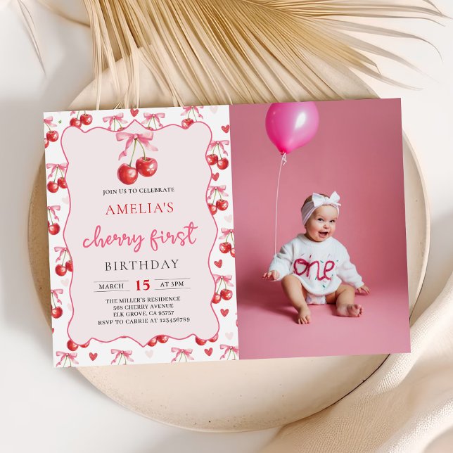 Coquette Bow Cherry First Birthday Photo Invitation (Creator Uploaded)