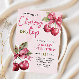 Coquette Bow Cherry on Top 1st Birthday Invitation