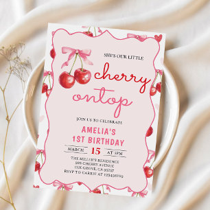 Coquette Bow Cherry on Top 1st Birthday Invitation