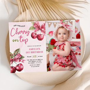 Coquette Bow Cherry on Top 1st Birthday Photo Invitation