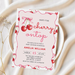 Coquette Bow Cherry on Top Baby Shower Invitation