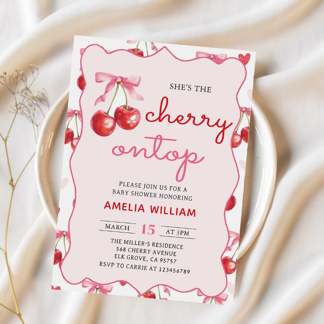 Coquette Bow Cherry on Top Baby Shower Invitation (Creator Uploaded)
