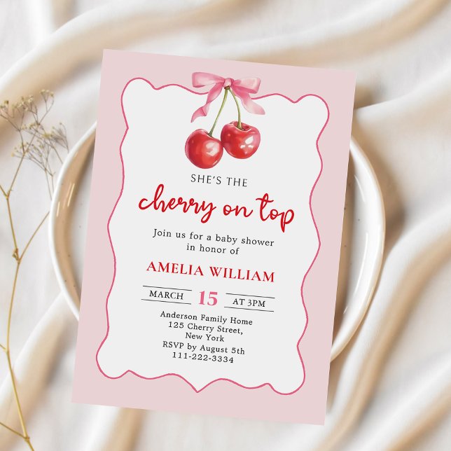 Coquette Bow Cherry on Top Baby Shower Invitation (Creator Uploaded)