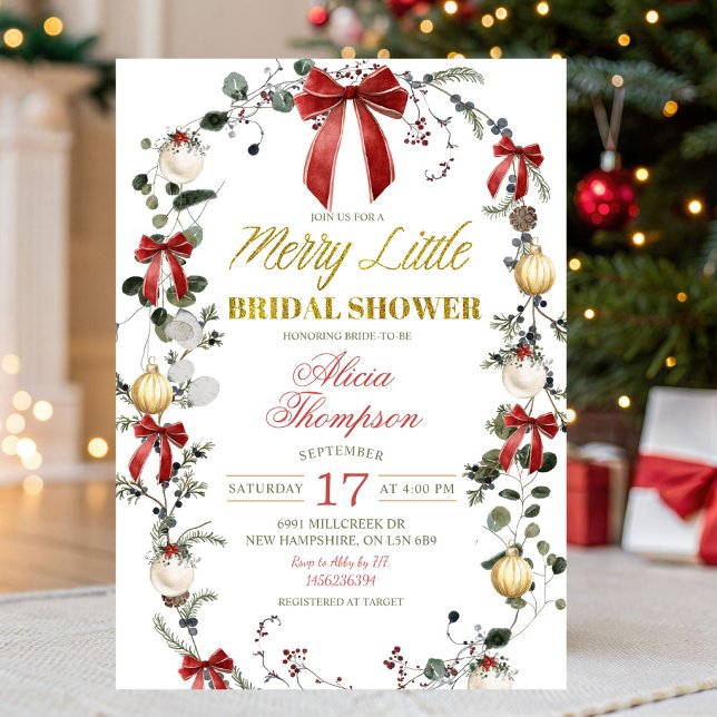 Coquette Bow Christmas Merry Little Bridal Shower Invitation (Creator Uploaded)