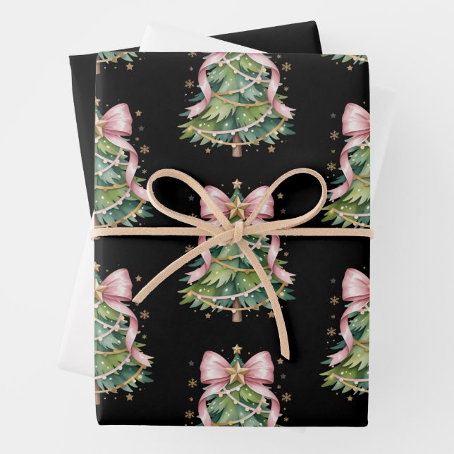 Coquette Bow Christmas Tree Holiday Girly Cute Wrapping Paper Sheet (In situ)
