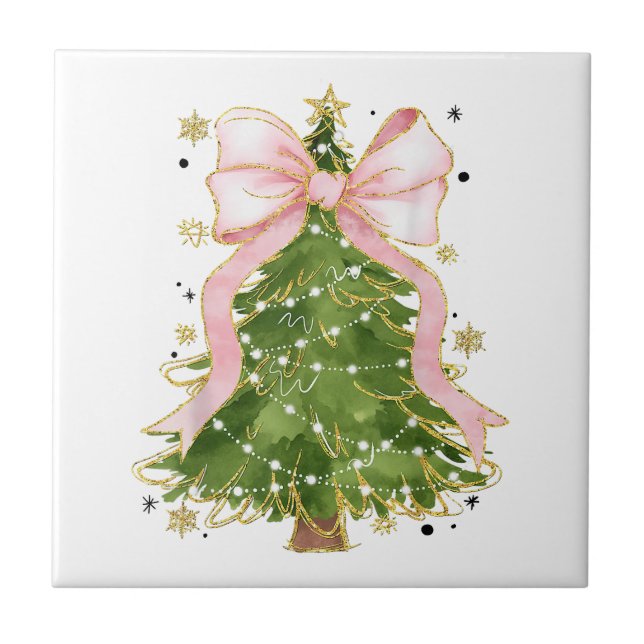 Coquette Bow Christmas Tree Holiday Girly Outfit W Ceramic Tile (Front)