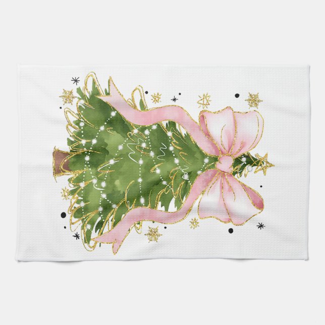 Coquette Bow Christmas Tree Holiday Girly Outfit W Tea Towel (Horizontal)