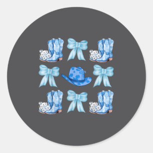 Coquette Bow Cowgirl Boots Blue Bows Hat Western R Classic Round Sticker