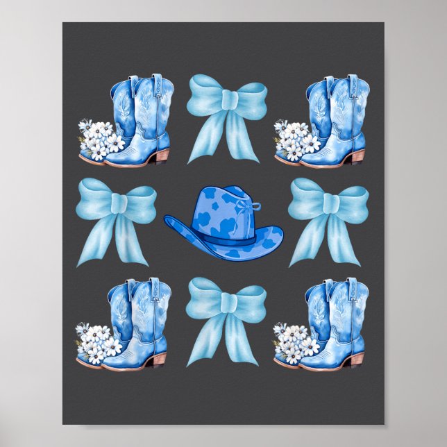 Coquette Bow Cowgirl Boots Blue Bows Hat Western R Poster (Front)