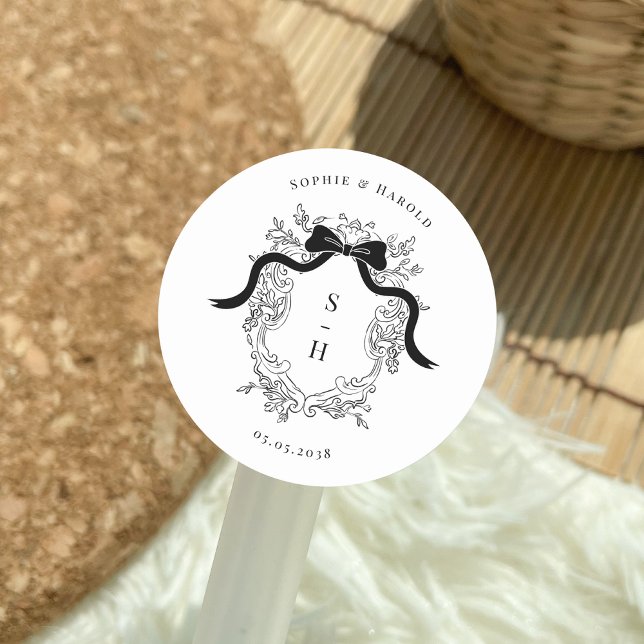 Coquette Bow Crest Monogram French Wedding Classic Round Sticker (Creator Uploaded)