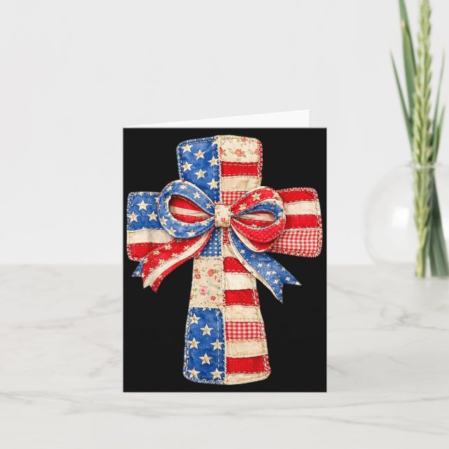 Coquette Bow Cross Patchwork Flag Faith Jesus Card (Front)