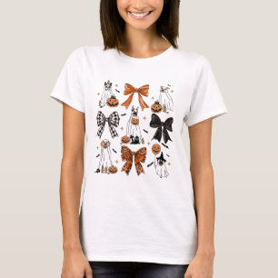 Coquette Bow Cute Ghost Dogs Halloween Pumpkin Spo T-Shirt