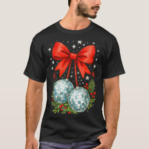Coquette Bow Disco Ball Cherries, Girly Christmas T-Shirt