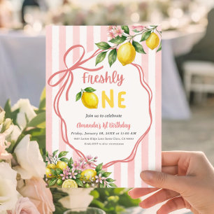 Coquette Bow Freshly One Pink Lemon First Birthday Invitation