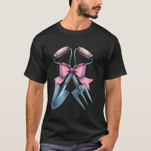 Coquette Bow Gardening Gardener Shovel Pink Ribbon T-Shirt