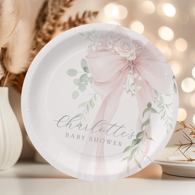 Coquette Bow Greenery Baby in bloom baby Shower Paper Plate (Creator Uploaded)
