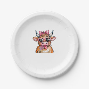 Coquette Bow Highland Cow Valentine Heart Glasses Paper Plate