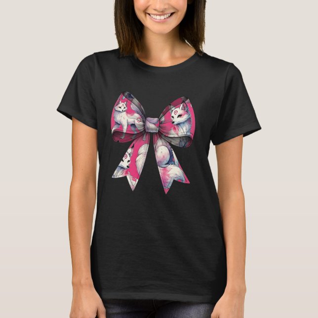 Coquette Bow Kitsune Fox Mask Pattern Pink Ribbon  T-Shirt (Front)