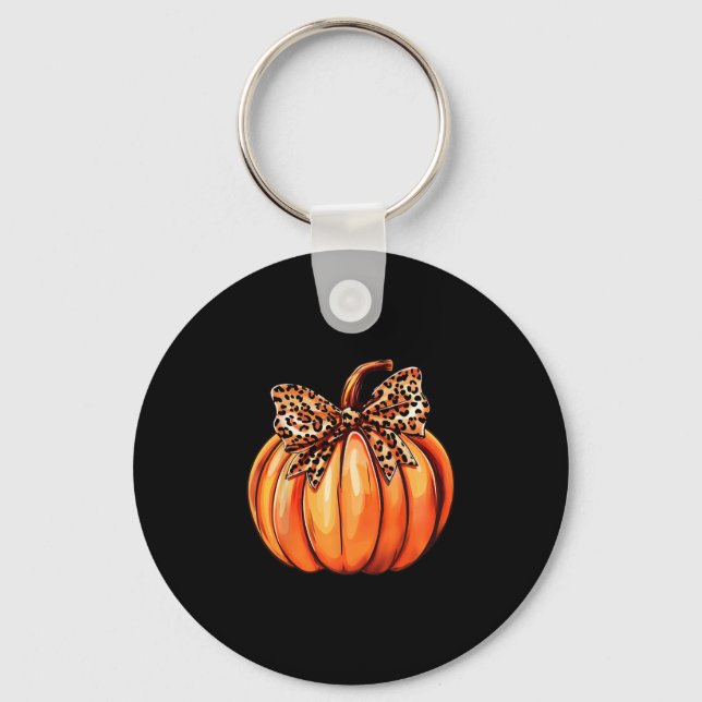 Coquette Bow Leopard Pumpkin Thanksgiving Rustic F Key Ring (Front)