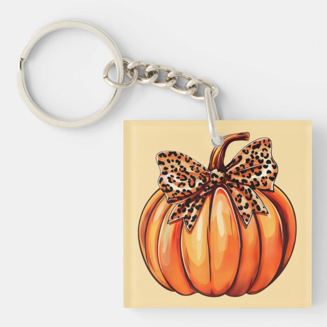 Coquette Bow Leopard Pumpkin Thanksgiving Rustic Key Ring (Front)