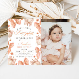 Coquette Bow Little Pumpkin Birthday Photo Invitation
