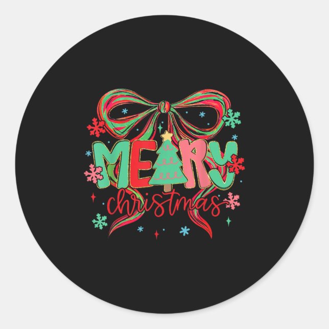 Coquette Bow Merry Christmas Snowflake Xmas Pajama Classic Round Sticker (Front)