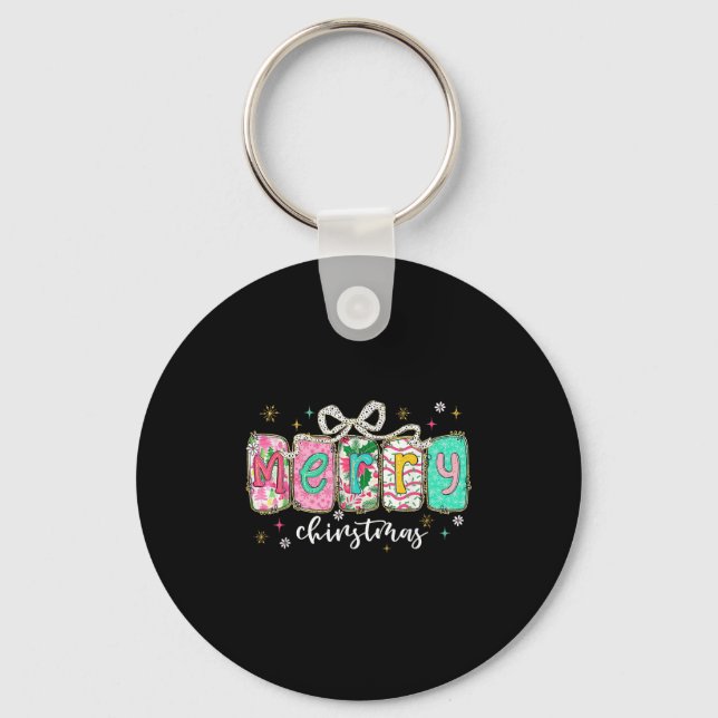 Coquette Bow Merry Christmas Xmas Pyjamas Snowflak Key Ring (Front)