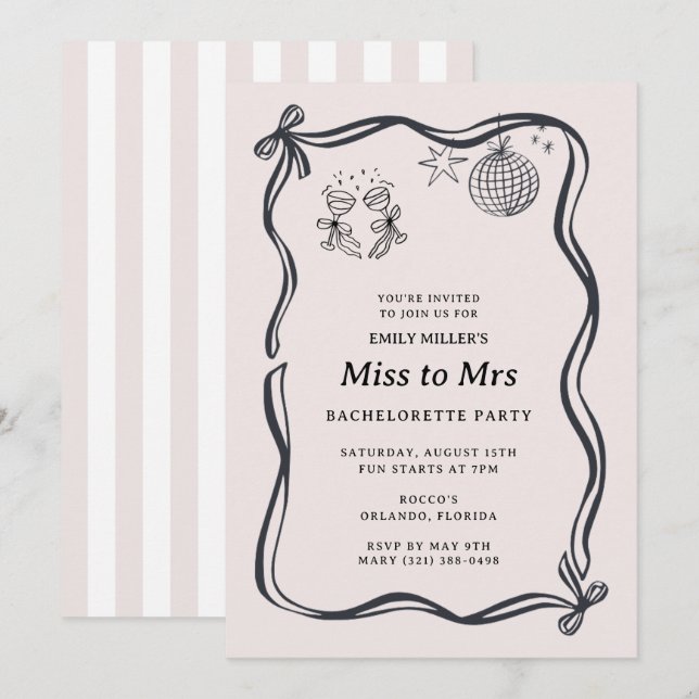 Coquette Bow Miss to Mrs Bachelorette  Invitation (Front/Back)