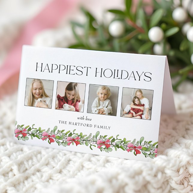 Coquette Bow Mistletoe Happiest Holidays 4 Photo Holiday Card (Creator Uploaded)