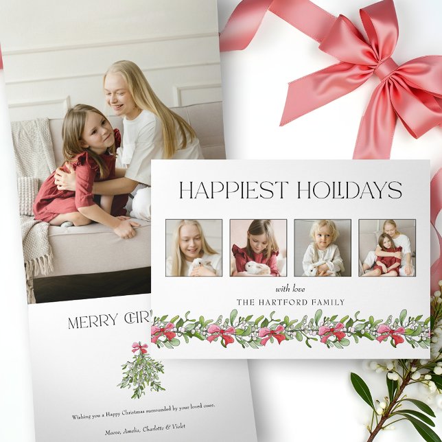 Coquette Bow Mistletoe Happiest Holidays 4 Photo Tri-Fold Holiday Card (Creator Uploaded)