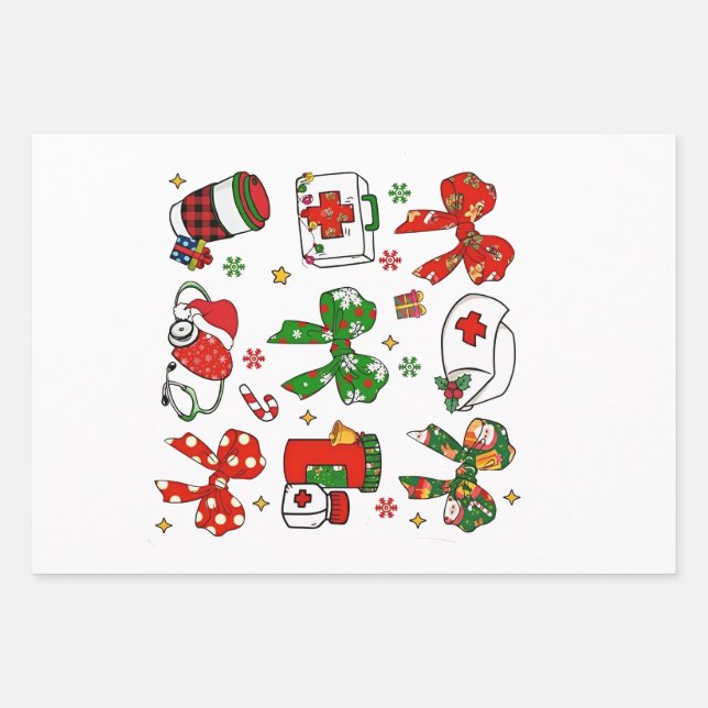 Coquette Bow Nurse Christmas Nursing Merry Xmas Wrapping Paper Sheet (Front)