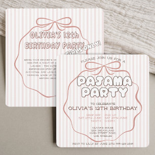 Coquette bow pajama party pink stripes birthday invitation