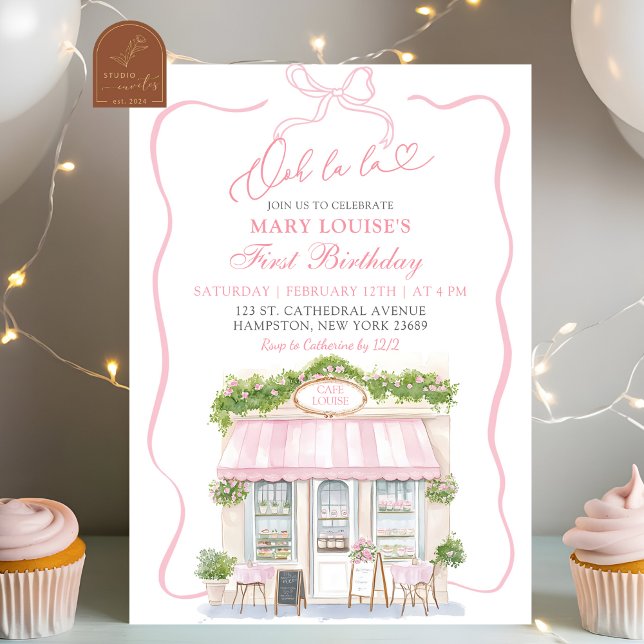 Coquette Bow Parisian cafe French 1st Birthday Inv Invitation (Creator Uploaded)