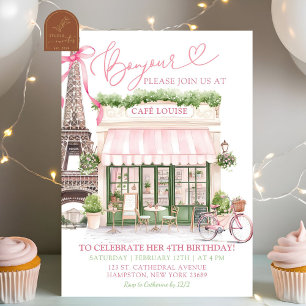 Coquette Bow Parisian cafe French Birthday Invitation