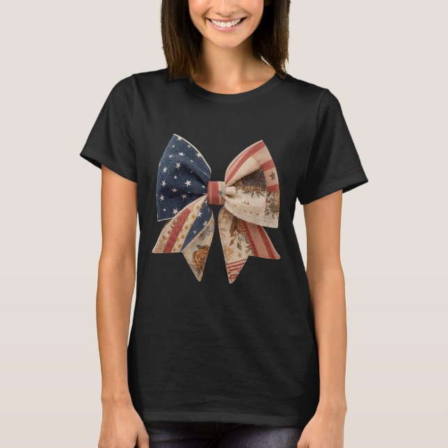 Coquette Bow Patchwork Americana Flag Folk Art Fun T-Shirt (Front)