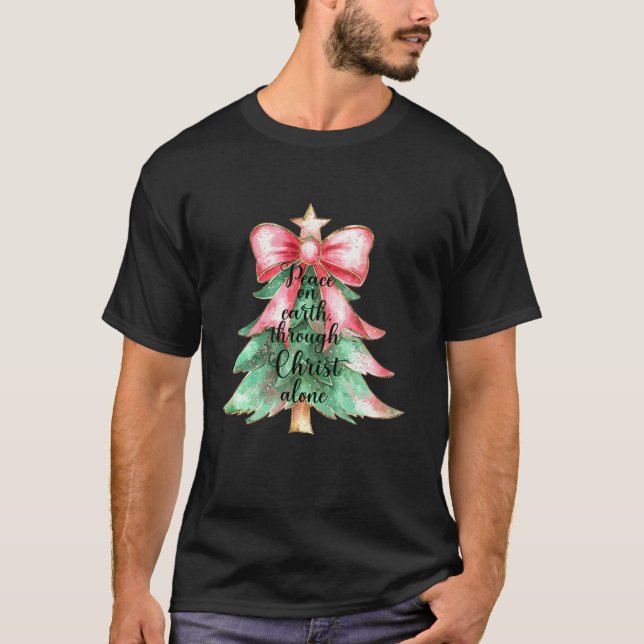 Coquette Bow Peace On Xmas Tree Earth Through Chri T-Shirt (Front)