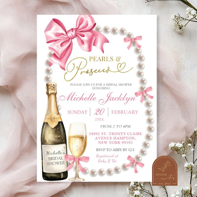 Coquette Bow Pearls and prosecco Bridal Shower Invitation (Creator Uploaded)