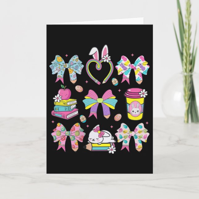 Coquette Bow Pencil Bunny Rabbit Teacher Happy Eas Card (Front)