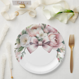 Coquette Bow & Peony Watercolor Baby Shower Paper Plate