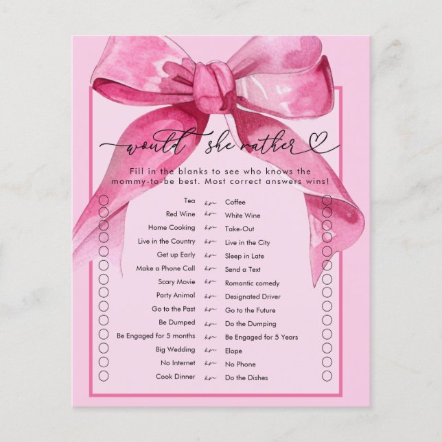 Coquette Bow | Pink Baby Girl Shower Game (Front)