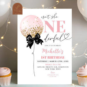Coquette Bow Pink Balloon Birthday Invitation