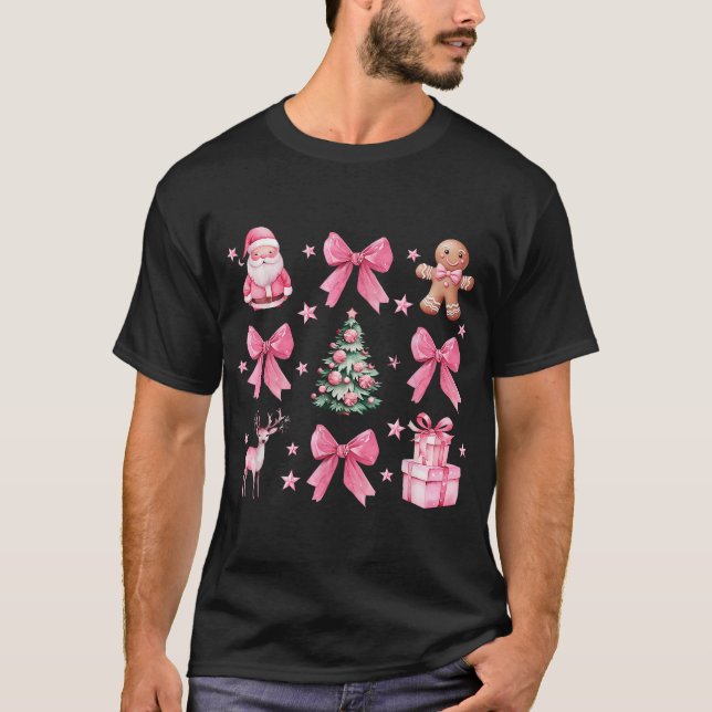 Coquette Bow Pink Christmas Tree Santa Gingerbread T-Shirt (Front)