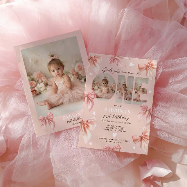 Coquette Bow Pink Girls Just wanna First Birthday Invitation (Coquette Bow Pink Girls Just wanna First Birthday Invitation)