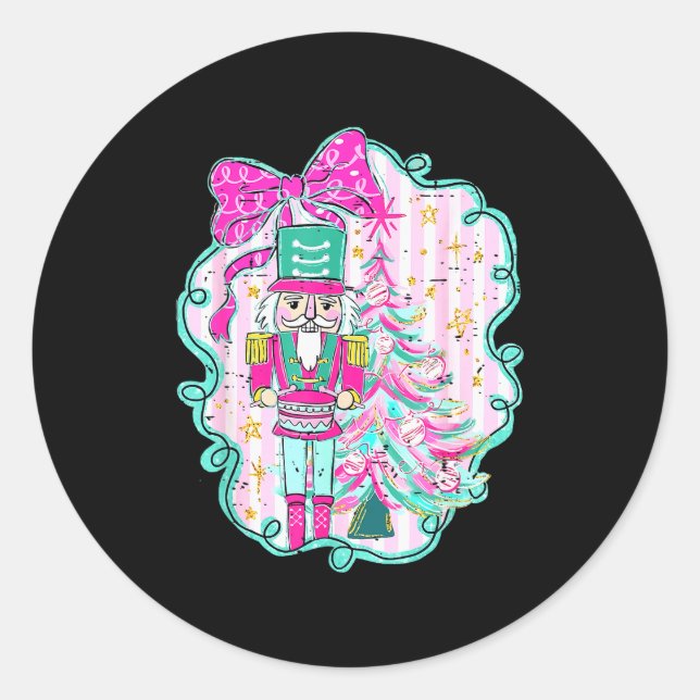 Coquette Bow Pink Nutcracker Christmas Holiday Mer Classic Round Sticker (Front)