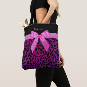 Coquette Bow & Pink Purple Animal Print Name Tote Bag